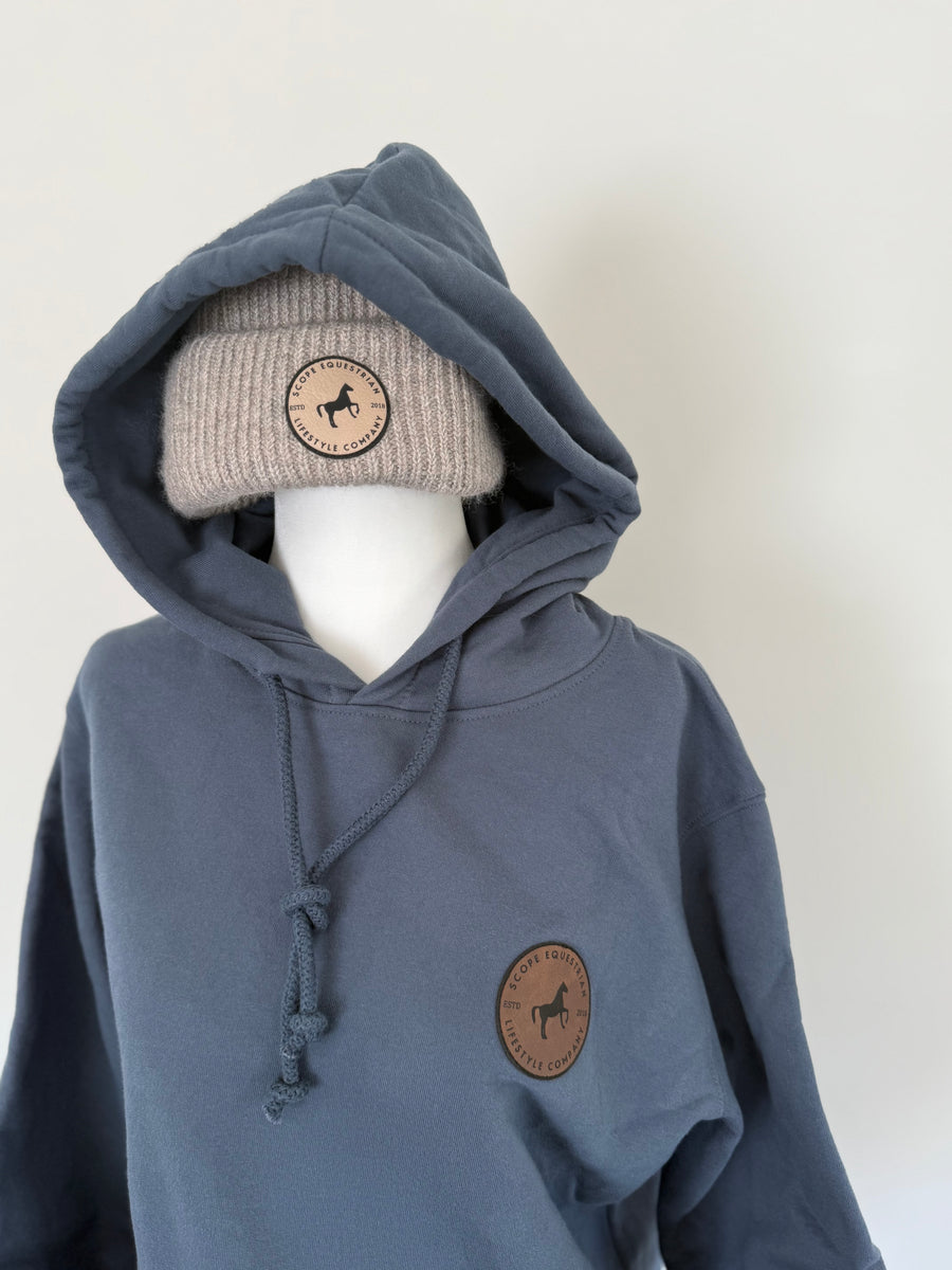 Leather Patch Organic Cotton Hoodie Slate Blue